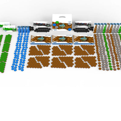 SOURCE Deluxe 8-Bit set — pre-colored pixelated grass, dirt, water, and stone hex tiles in retro 8-bit style with white SOURCE 8-Bit carrying case