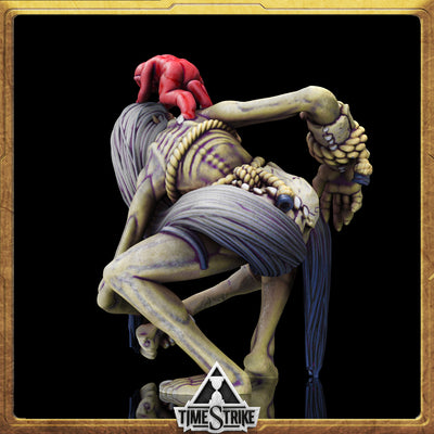 Gula Founders miniature back view — gluttony demon's bony spine and bone-wrap draping for TimeStrike & tabletop wargaming