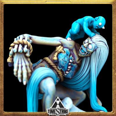 Gula Arctic miniature side close-up — frost gluttony demon with cyan imp rider for TimeStrike & tabletop wargaming