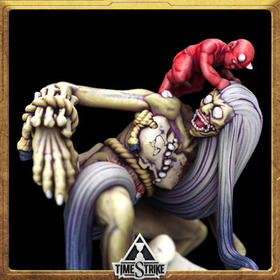 Gula Founders miniature side close-up — torso-mouth gluttony demon with red imp rider for TimeStrike & tabletop wargaming