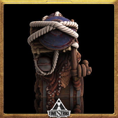 Hod Founders miniature back view — hermit's traveling pack with rope, bedroll and saddlebags for TimeStrike & tabletop wargaming