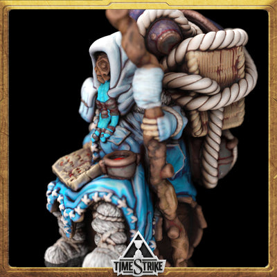 Hod Arctic miniature side close-up — hooded sage with puppet and spellbook in icy-blue robes for TimeStrike & tabletop wargaming