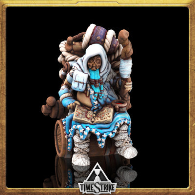 Hod Arctic miniature — hermit sage on barrel throne with spellbook in icy-blue robes for TimeStrike & tabletop wargaming