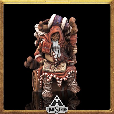 Hod Founders miniature — hermit sage on barrel throne with spellbook and puppet in red robes for TimeStrike & tabletop wargaming