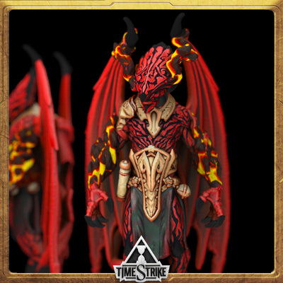 Legion Founders miniature close-up — fallen demon with raised lava-crackle arms and engraved tabard for TimeStrike & tabletop wargaming