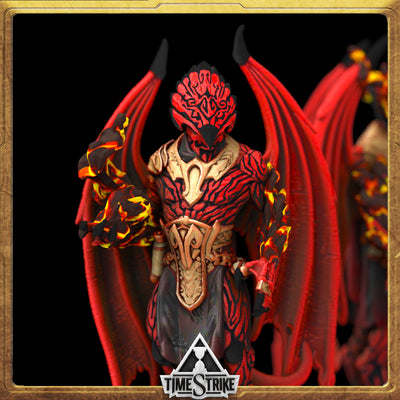 Legion Founders miniature portrait — winged demon with folded red wings and engraved gold tabard for TimeStrike & tabletop wargaming