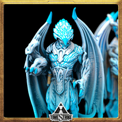 Legion Arctic miniature portrait — winged demon in icy-blue with cyan glowing runes for TimeStrike & tabletop wargaming