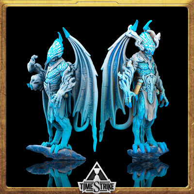 Legion Arctic miniature pair — winged fallen demons in icy-blue with cyan glowing runes for TimeStrike & tabletop wargaming