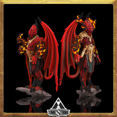Legion Founders miniature pair — winged fallen demons with red bodies and glowing lava-crack details for TimeStrike & tabletop wargaming