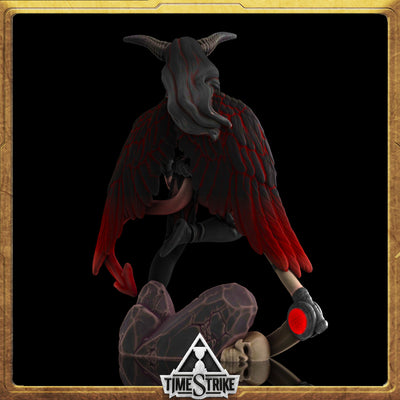 Luxuria Founders miniature back view — succubus with red-veined black wings folded over hooded form for TimeStrike & tabletop wargaming