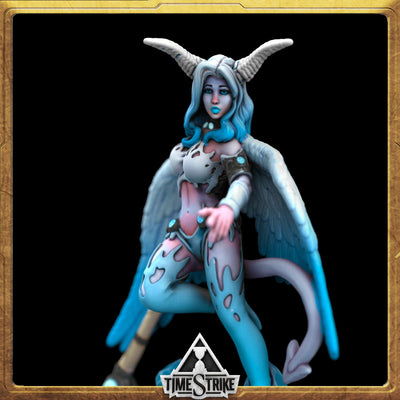 Luxuria Arctic miniature portrait — frost succubus with pale blue hair and icy-white feathered wings for TimeStrike & tabletop wargaming
