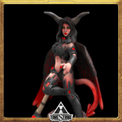 Luxuria Founders miniature portrait — succubus pointing forward with green eyes and red-trimmed wings for TimeStrike & tabletop wargaming