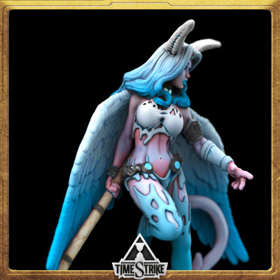 Luxuria Arctic miniature side close-up — hooded succubus with frost bone bra and icy-blue flame loincloth for TimeStrike & tabletop wargaming