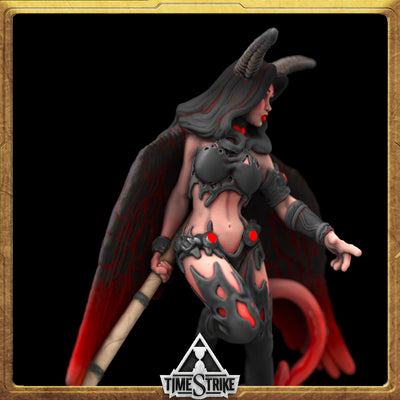 Luxuria Founders miniature side close-up — hooded succubus with bone bra and red-flame loincloth for TimeStrike & tabletop wargaming