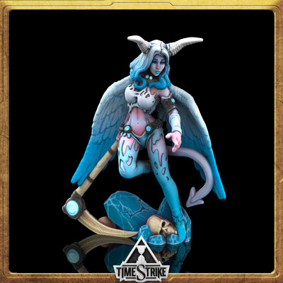 Luxuria Arctic miniature — horned succubus with icy-blue feathered wings on frost skull base for TimeStrike & tabletop wargaming