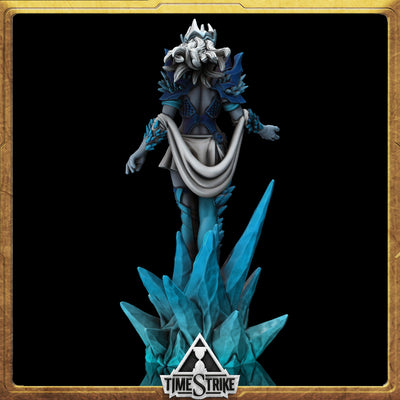 Mara the Meek Arctic miniature back view — ice mage in pale armor with frost crystal spire for TimeStrike & tabletop wargaming
