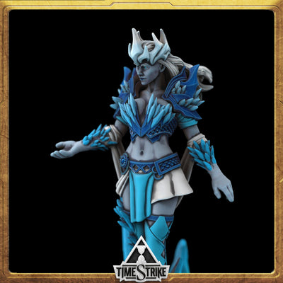 Mara the Meek Arctic miniature side detail — pale crystal armor on icy ash-toned mage for TimeStrike & tabletop wargaming