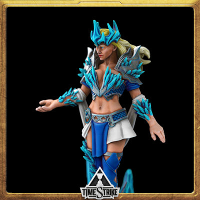 Mara the Meek Founders miniature side detail — blue crystal armor and tiara on tan-skinned mage for TimeStrike & tabletop wargaming