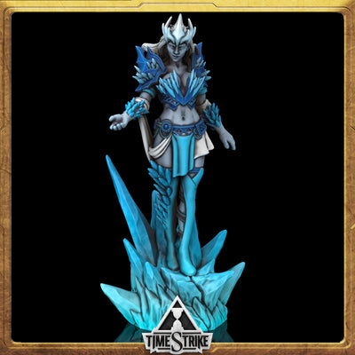 Mara the Meek Arctic miniature — pale mage in ice crystal armor on frost spire base for TimeStrike & tabletop wargaming