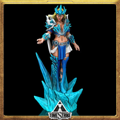 Mara the Meek Founders miniature — blonde mage in blue crystal armor on icy spire base for TimeStrike & tabletop wargaming