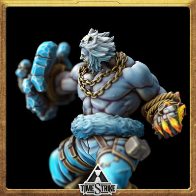Roland Rumpus Arctic miniature side close-up — frost brawler with icy gauntlet and snarling face for TimeStrike & tabletop wargaming