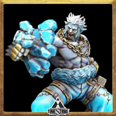 Roland Rumpus Arctic miniature roaring portrait — frost-blue brawler with icy stone gauntlet for TimeStrike & tabletop wargaming