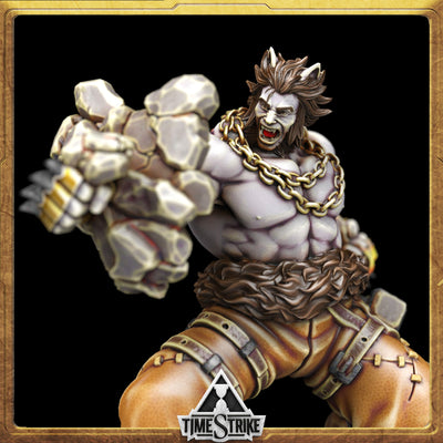 Roland Rumpus Founders miniature roaring portrait — bare-chested brawler with stone gauntlet for TimeStrike & tabletop wargaming