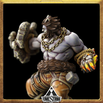 Roland Rumpus Founders miniature side close-up — snarling brawler with gold chain and lava-knuckle gauntlet for TimeStrike & tabletop wargaming