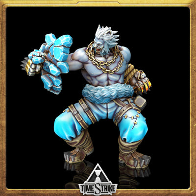 Roland Rumpus Arctic miniature — icy-blue brawler swinging frost stone gauntlet for TimeStrike & tabletop wargaming