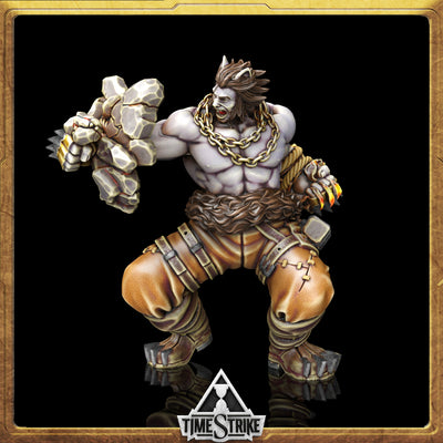 Roland Rumpus Founders miniature — shirtless brawler swinging stone gauntlet with gold chain and fur loincloth for TimeStrike & tabletop wargaming