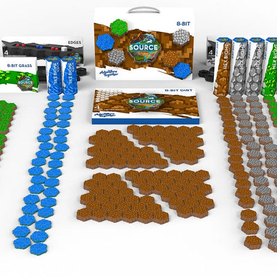 SOURCE Starter 8-Bit set — pixel-art grass, dirt, stone and water hex tiles with retro 8-Bit carrying case, edge pack and Hex Biome tubes for Minecraft-style tabletop terrain