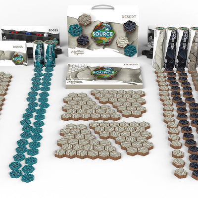 SOURCE Starter Desert set — sand dune, dark stone and oasis crystal hex tiles with white Desert carrying case, edge pack and Hex Biome tubes for tabletop wargame terrain