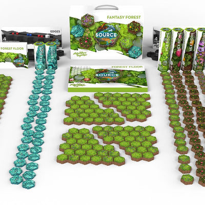 SOURCE Starter Fantasy Forest set — green forest hexes, mossy stone and crystal water tiles, edge pack and Hex Biome tile tubes with white Fantasy Forest carrying case for tabletop terrain play