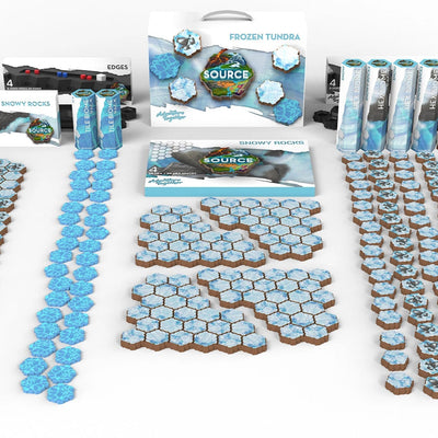 SOURCE Starter Frozen Tundra set — pale blue ice, snowy rock and crystal hex tiles with Frozen Tundra carrying case, edge pack and Hex Biome tubes for winter tabletop terrain