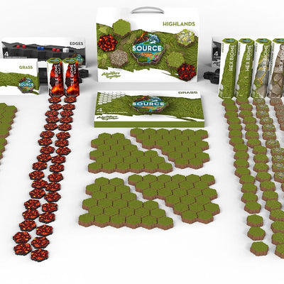 SOURCE Starter Highlands set — grass, cliff stone and red heather/lava hex tiles with Highlands carrying case, edge pack and Hex Biome tubes for tabletop terrain