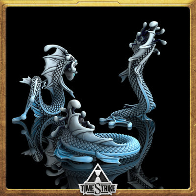 Mana Wyrms Arctic miniature back view — coiled serpent tails and ridged scales in icy-blue for TimeStrike & tabletop wargaming
