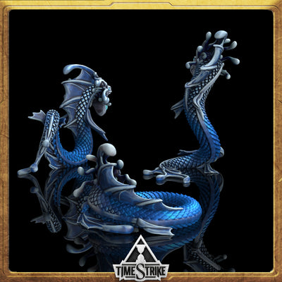 Mana Wyrms Founders miniature back view — coiled tails and dorsal ridges painted in cobalt blue for TimeStrike & tabletop wargaming