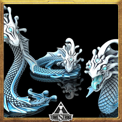 Mana Wyrms Arctic miniature side profile — serpent dragon in pale frost-blue paint for TimeStrike & tabletop wargaming