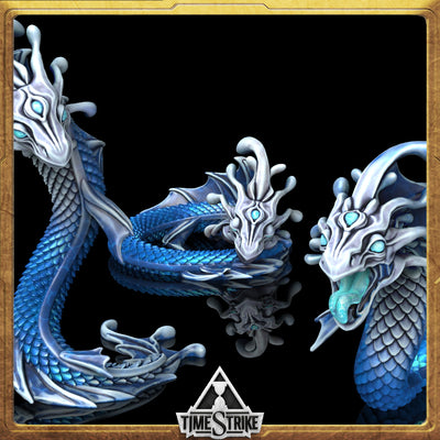 Mana Wyrms Founders miniature side profile — serpent dragon with cobalt scales and white head plating for TimeStrike & tabletop wargaming