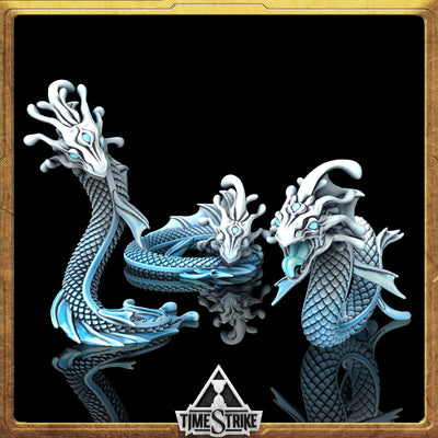 Mana Wyrms Arctic miniature — coiled serpent dragon in pale icy-blue paint scheme for TimeStrike & tabletop wargaming