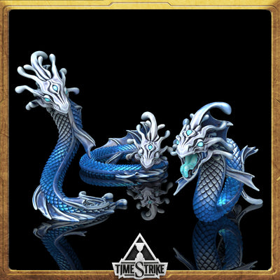 Mana Wyrms Founders miniature — coiled serpent dragon with cobalt scales and white finned mane for TimeStrike & tabletop wargaming