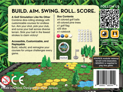 SOURCE Golf back of box — dice-rolling golf simulation contents list with golf balls, trees, flag, dice and a sample hex course featuring fairway, water and sand bunker terrain