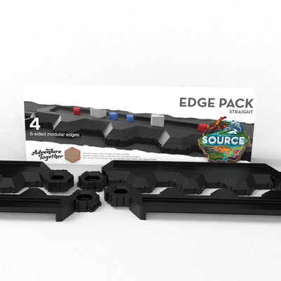 SOURCE Edge Pack Straight — black 6-sided modular straight edge border pieces with Edge Pack box, creates 60° and 120° terrain borders for SOURCE hex maps