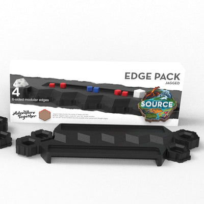 SOURCE Edge Pack Jagged — black 6-sided modular jagged edge border pieces with Edge Pack box, creates 60° and 120° terrain borders for SOURCE hex maps