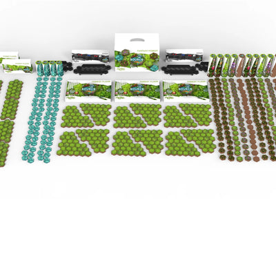 SOURCE Deluxe Fantasy Forest set — pre-colored green forest hexes, water and mossy-stone biome variations, edge packs, and white SOURCE carrying case laid out for tabletop play