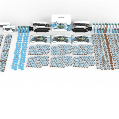 SOURCE Deluxe Frozen Tundra set — pre-colored ice, snow, and snowy-rock hex tiles with edge packs and white SOURCE Frozen Tundra carrying case for winter tabletop terrain