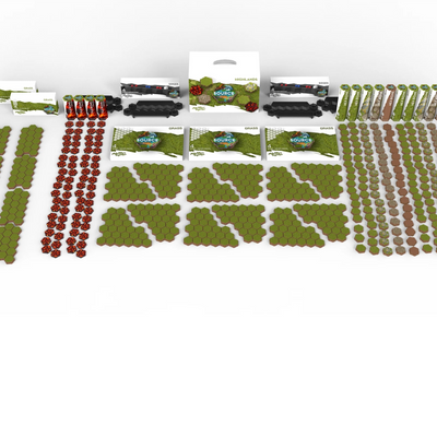 SOURCE Deluxe Highlands set — pre-colored grass, berry, and earth hex tiles with edge packs and white SOURCE Highlands carrying case for tabletop terrain