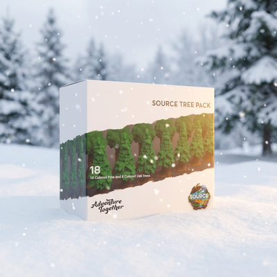 SOURCE Tree Pack box on snow — winter scene with pine trees and falling snowflakes featuring 18 colored tree miniatures for Blizzard Battle Bundle
