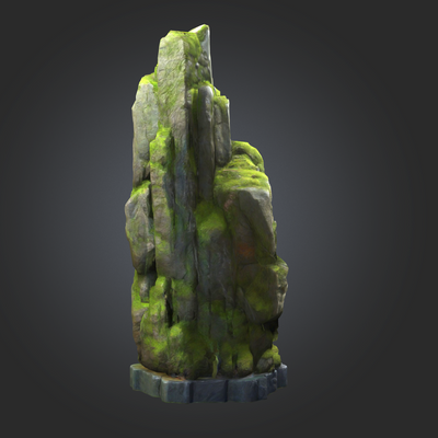 SOURCE Stone Pillar painted miniature — tall mossy stone spire with jagged peak on hex base for TimeStrike terrain & tabletop wargaming
