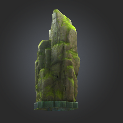 SOURCE Stone Pillar painted miniature — twin-peak mossy rock on green hex base for TimeStrike terrain & tabletop wargaming
